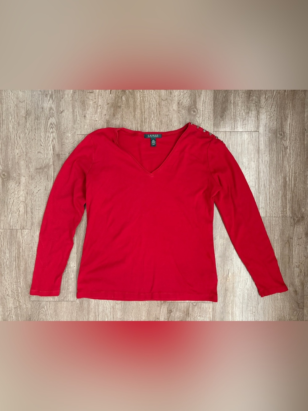 Lauren Ralph Lauren Red V-Neck 100% Cotton Top Shoulder Button Detail Size L